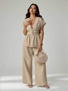 SHEIN PETITE Bộ đồ đi làm hàng ngày đơn giản và thanh lịch mới chất liệu tre mơ cổ chữ V hở eo khóa cài áo trễ vai & quần ống rộng ống đứng cạp cao - Màu Khaki - Xem 5