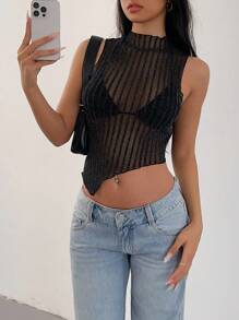 SHEIN SXY 女士迷人休闲闪亮性感条纹网眼透明不对称下摆 V 领背心，适合派对/晚会/俱乐部穿着 - 黑色 - 查看 3