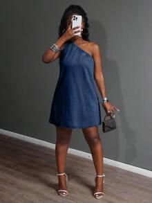 Slaydiva Váy denim thanh lịch giản dị dành cho nữ - Rửa tối - Xem 5