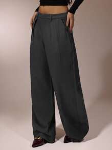 SHEIN Forever 21 夏季新款宽松高腰舒适阔腿女裤 - 灰色 - 查看 6