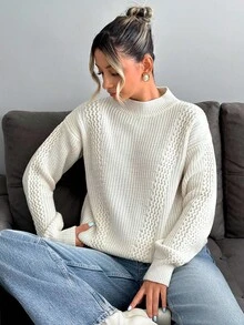 SHEIN Tall Áo len dệt kim màu trơn cỡ lớn cho nữ - Màu be - Xem 5