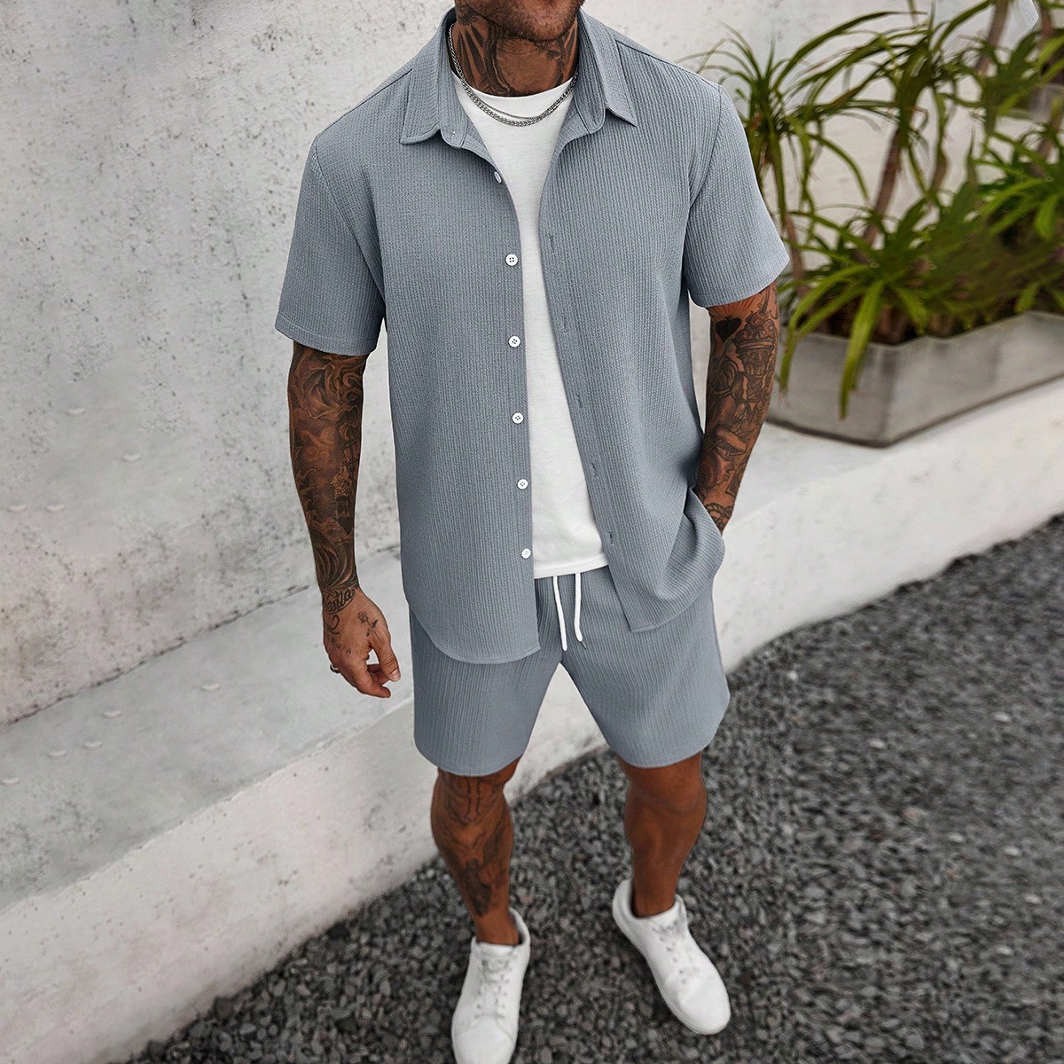Set de 2 piezas de camisa de manga corta y pantalones cortos de unicolor con textura para hombres, conjunto de camisa y pantalones cortos de verano pa