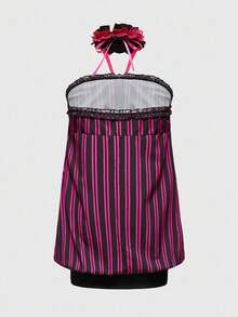 ROMWE J-Fashion Y2K 蝴蝶结前挂脖连衣裙，带颈链，罗纹设计