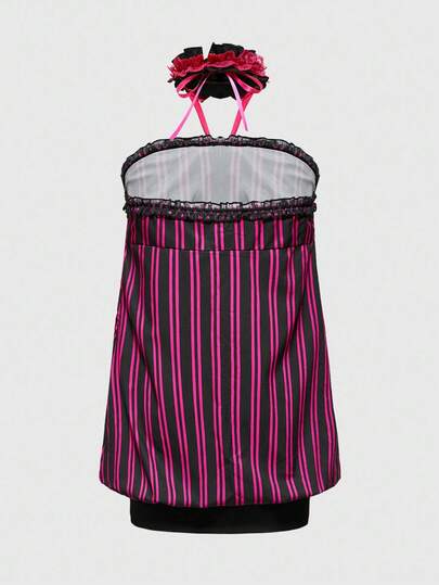 J-Fashion Robe ras-du-cou avec nœud papillon à l'avant et col ras-de-cou, design côtelé style Y2K