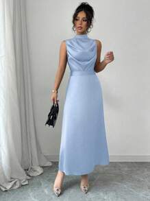 Elenzga 女式春夏优雅绿色立领百褶腰喇叭无袖连衣裙 - 藍色 - 查看 7