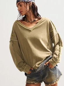 Bohemela Boho Autumn/Winter Vintage Casual Women's Casual Solid Color V-Neck Long Sleeve Loose Knit Oliver Green Sweatshirt Earthy , Western Country Style Concert Vacation, Suitable For Vacation & Daily Wear & Back To School & Going Out, Halloween