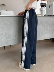 SHEIN Teen Girls Black Star Pattern Casual Loose Elastic Waist Sweatpants With Pockets - Navy Blue - View 2