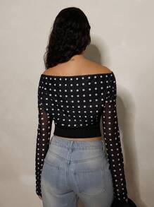 Glamine Elegant Party Off-Shoulder Polka Dot Print Women's Black Mesh Long Sleeve Undershirt, Winter - Black - View 2