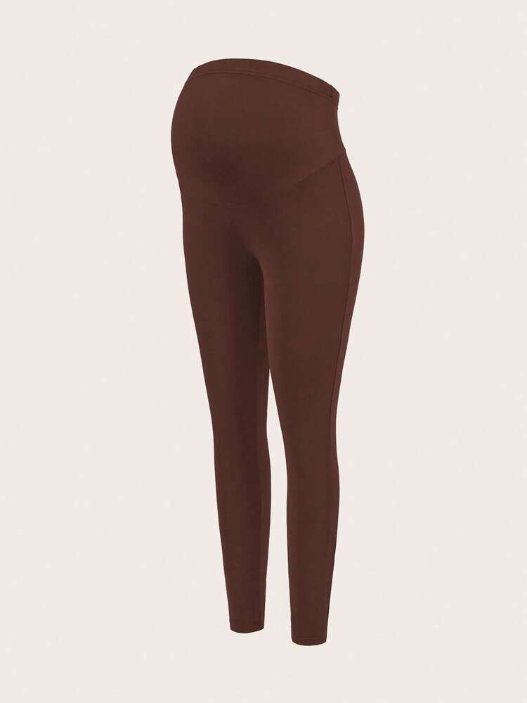 Modmama 孕妇装 2 件套纯色弹力腰高弹力紧身裤 - 棕色 - 查看 4
