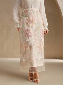 Anewsta 优雅时尚的串珠刺绣设计裙子，夏季 - 杏色 - 查看 3