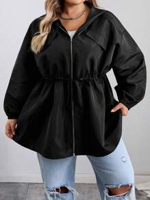 SHEIN CURVE+ Curves Plus Size/Chool Clothes/Back To School Clothes /Back To SchoolPlus Size Women's Autumn Zip-Up Drawstring Waist Hooded Black Jacket Plus Size Jacket Plus Size Plus Size Shirts 8xl Women Clothes Plus Size Black Jacket,Fall Clothes For Womenfall Clothes For Women,Winter,CURVE PLUS