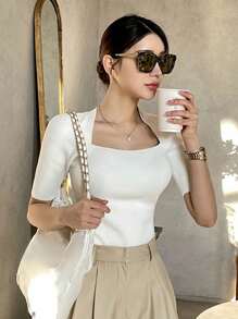 DAZY Women's Tight-Fitting Transformable Collar Knit Top, Business Casual - White - View 7