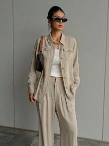 DAZY 2 Stücke Damen Lässig Vintage Münzen Muster Langarm Top und Weite Bein Hose Set Loungewear für Frauen - Aprikosenfarben - Übersicht 5