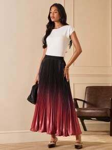 Lilora 女士优雅渐变黑红棕百褶裙，时尚优雅，春夏 - 彩色 - 查看 3