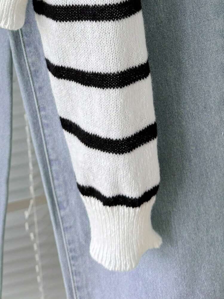 SHEIN 少女时尚休闲百搭黑白条纹短款毛衣可爱上衣美观夏季毛衣条纹短款毛衣少女服装秋冬 - 黑與白 - 查看 4