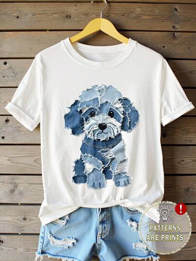 复古拼布狗图案印花 T 恤，女式圆领短袖休闲日常简约上衣，适合户外穿着