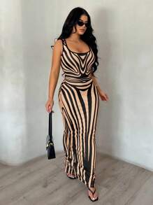 SHEIN SXY Đầm họa tiết ngựa vằn ôm sát gợi cảm thanh lịch dành cho nữ, hở lưng, thích hợp mặc khi đi chơi hàng ngày, hẹn hò, dự tiệc, sinh nhật - màu nâu - Xem 2