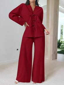 Firerie Women's Casual Elegant Vacation Fashion Front Tie Loose Shirt And High Waist Elastic Loose Pants 2 Pieces Set