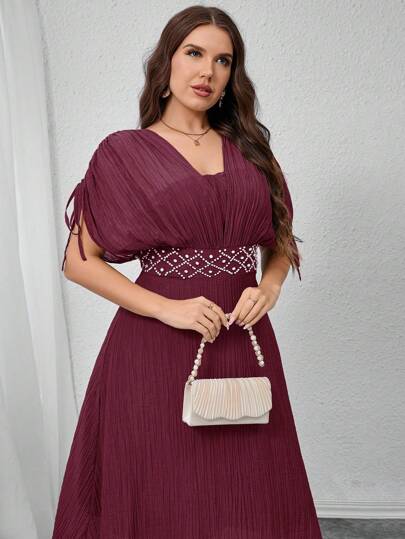 Modelyn Vestido elegante de manga corta con decoración de strass, cintura con cordón y drapeado para tallas grandes