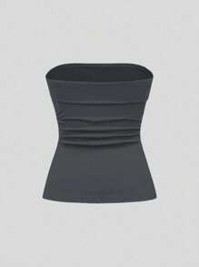 ROMWE Grunge Punk Y2K Subculture 女士纯色短款抹胸露肩上衣，下摆开衩 - 深灰色 - 查看 2