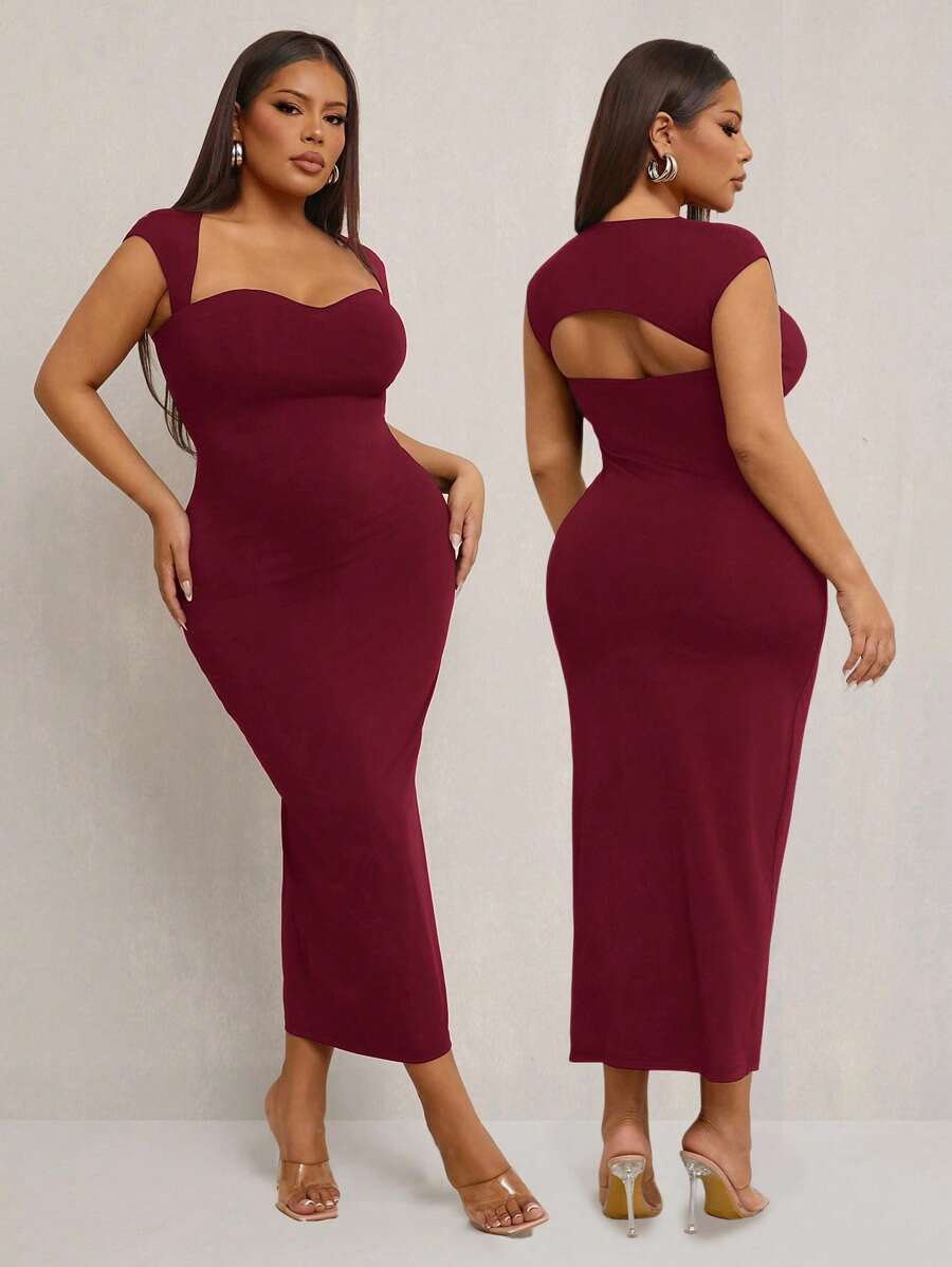 SHEIN SXY 大码女式优雅性感露背 T 领弹力针织修身中长连衣裙,适合婚礼季、浪漫狂欢节、度假、通勤、返校季、毕业典礼、约会、情人节、邮轮装束、单身派对装束、俱乐部、可爱、休闲、购物、街头服饰、外出、易于搭配且看起来苗条,凸显您的身材,修饰身材 - 酒紅色 - 查看 1