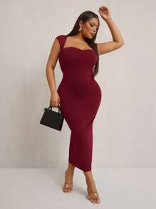 SHEIN SXY 大码女式优雅性感露背 T 领弹力针织修身中长连衣裙，适合婚礼季、浪漫狂欢节、度假、通勤、返校季、毕业典礼、约会、情人节、邮轮装束、单身派对装束、俱乐部、可爱、休闲、购物、街头服饰、外出、易于搭配且看起来苗条，凸显您的身材，修饰身材 - 酒紅色 - 查看 4