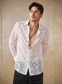 Manfinity Homme Men's Solid Color Sheer Long Sleeve Casual Sexy Shirt - White - View 5