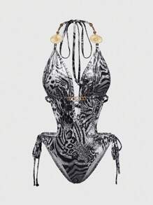 ROMWE Avant Damen Y2K Retro Sexy Leoparden-Muster Metallic Dekor Bodysuit - Schwarz - Übersicht 1