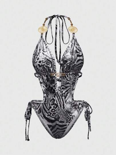 ROMWE Avant Women's Y2K Retro Sexy Leopard Print Metallic Decor Bodysuit