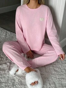 EURMUSE Conjunto de 2 peças de camisa e calça de manga comprida com bordado de coração e gola redonda plus size para mulheres, roupa de casa elegante - Rosa - Ver 5
