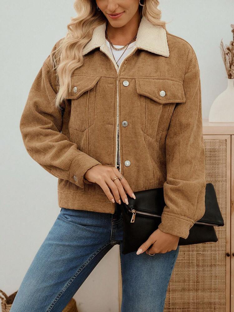 EMERY ROSE Women's Casual Corduroy Regular Jacket, Autumn/Winter Corduroy Jacket Women Fall Jackets For Women Brown Jacket Women Jackets - Brown - View 4