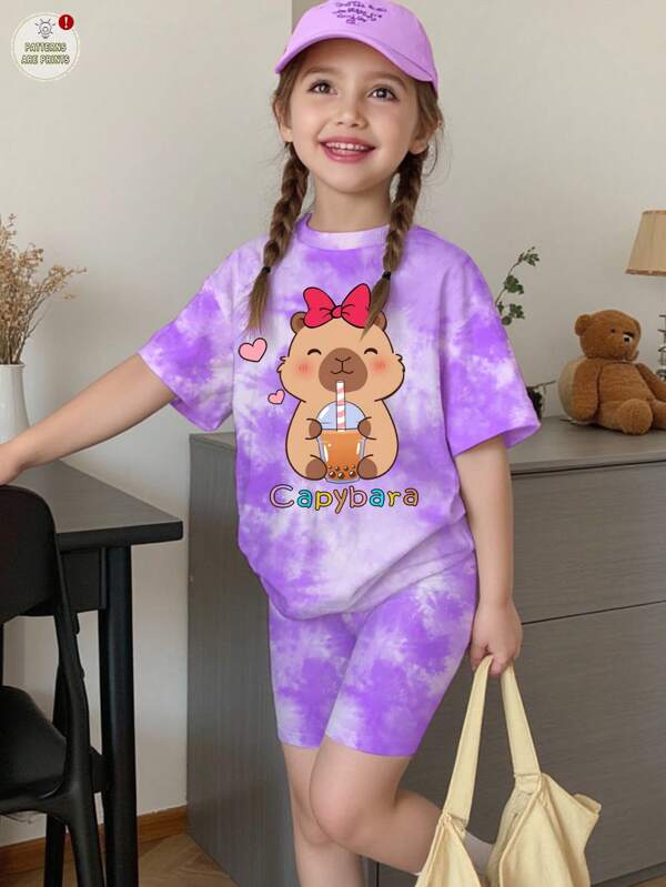 SHEIN Set de 2 piezas de pantalones cortos informales y camiseta de manga corta para niña, para verano