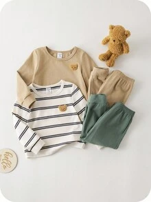 SHEIN 4件套婴儿/男女通用修身睡衣套装 - 长袖上衣和裤子，柔软针织条纹和纯色款，舒适百搭，适合室内/休闲穿着，春、夏、秋、冬四季皆宜。男婴服装，中性婴儿服装，男婴秋季服装