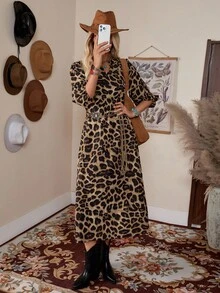 LanaWest 女士夏季缺口 V 领豹纹灯笼袖长款宽松休闲连衣裙长款女装 - 棕色 - 查看 3