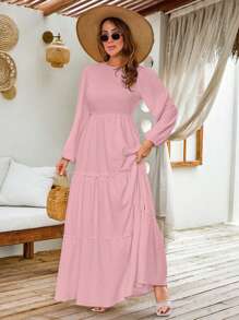 SHEIN Cottnline LANTERN LONG SLEEVE LAYERED LONG DRESS - Berwarna merah muda - View 4