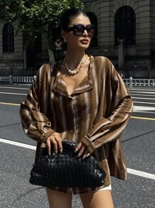DAZY Vintage Vertical Striped Loose Fit Asymmetric Collar Long Sleeve Shirt Fall,Winter - Brown - View 3