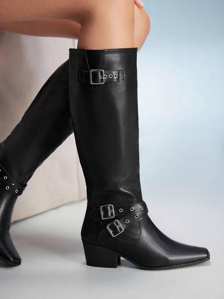 CUCCOO GRLICON Women's Outdoor Square Toe Chunky Heel Black PU Fabric Silver Button Decor Fashion Comfortable Daily Party Slip-On Boots, Suitable For Christmas, Halloween, Y2K Style