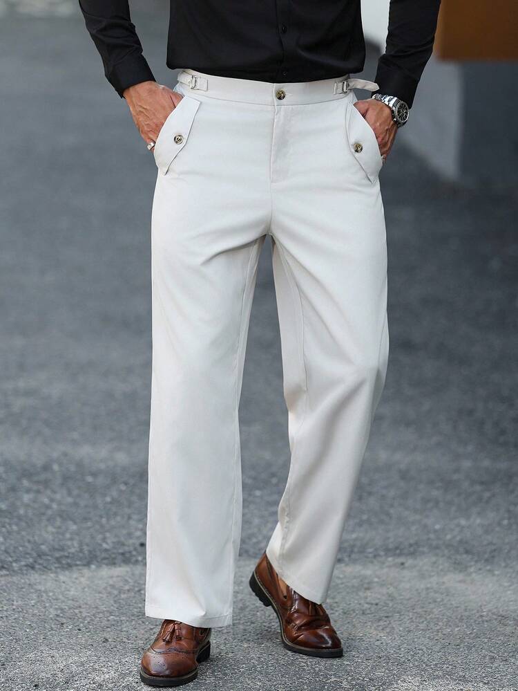 Manfinity Bizformal 男士休闲纯色西装裤，百搭男士白色正装裤白色正装裤男士男士服装男士裤子男士衣服男士裤子男士正装裤 - 米色 - 查看 5