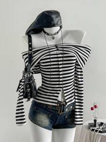 Elamini 黑白罗纹露肩褶饰纽扣装饰前开衩修身长袖 T 恤，时尚简约优雅，适合通勤、休闲、日常、约会、秋冬 - 黑與白 - 查看 1