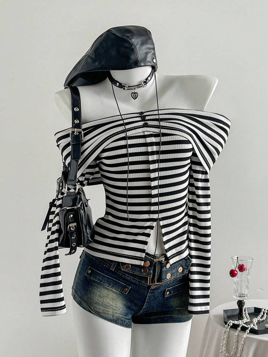 Elamini 黑白罗纹露肩褶饰纽扣装饰前开衩修身长袖 T 恤，时尚简约优雅，适合通勤、休闲、日常、约会、秋冬 - 黑與白 - 查看 1