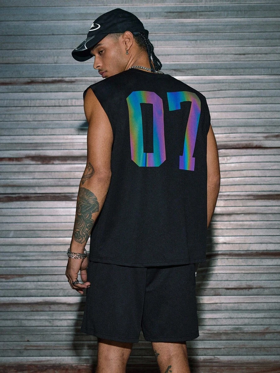 AXEPEAK 休闲街头彩色印花背心和抽绳短裤，男士上衣套装