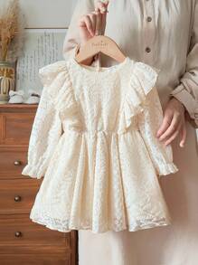 Vintaside Kids Vestido holgado de manga larga de malla dulce para niñas bebé, color albaricoque, adecuado para salidas, fiestas y reuniones, primavera/otoño - Albaricoque - Ver 3