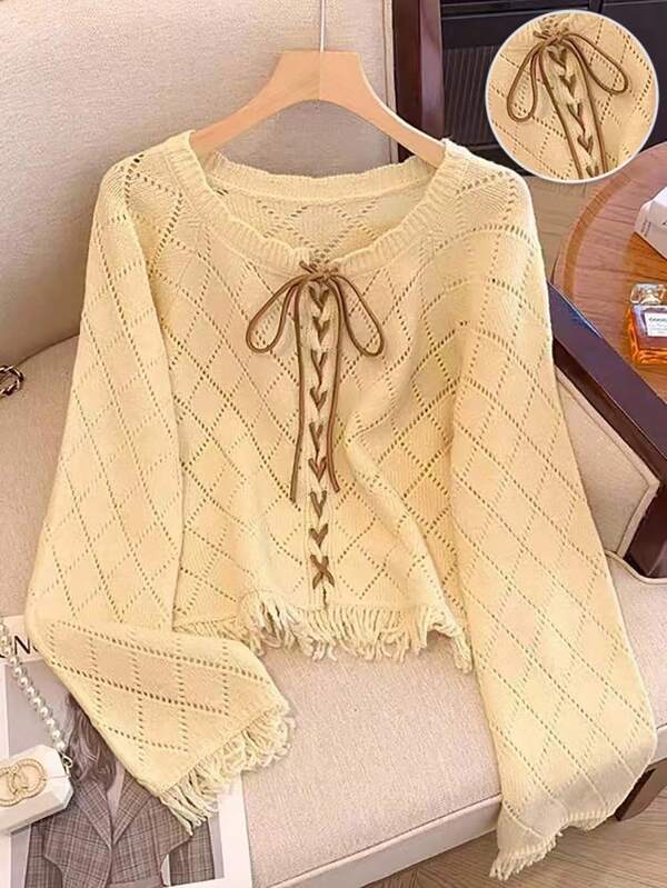 Franclia Blogger-Inspired Stylish Colorblock Lace-Up Hollow Floral Fringe Pullover Sweater, European & American New Arrival Fall Winter Cloth For Women Fringe Sweater Knit Sweater Lace Up Sweater Knitted Cover Up Yellow SweaterWomen's Autumn Clothingautumn Fall Clothes For Women Fall Autumn Clothes Fall Outfits For Women Autumn Outfits For Women Fall Clothes Autumn Women  Fall Women Clothes Autumn Clothing Elegant Fashionable Casual Commuting Business Office Daily Leisure All-Match Temperament Urban Teacher Professional Attire, Christmas