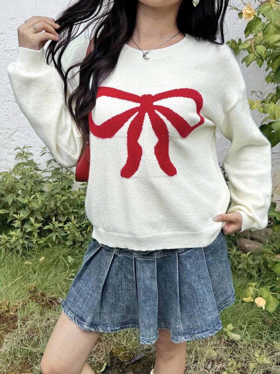 SHEIN Teenager Mädchen Lässig Pullover Sweater, bequemer Allround Rundhals Schleife Jacquard Design