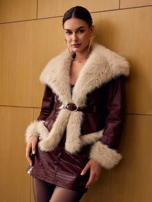 MOTF PREMIUM WATERFALL COLLAR FAUX FUR COAT - Burgundy - View 6