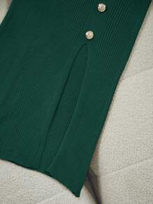 Franclia Đầm dệt kim cổ tròn tay ngắn xẻ tà trang trí thanh lịch dành cho nữ, quần áo len dệt kim mùa hè cho trường đại học - Màu xanh lá cây đậm - Xem 4