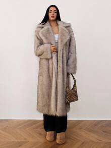 SHEIN Tall Women's Winter Stand Collar Long Sleeve With Pockets Long Elegant Fluffy Coat Long Fur Coat,Fall - Light Grey - View 9