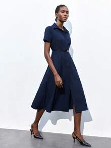 Maija 2025 Autumn Navy Blue Elegant Office Dress,Collared Single-Breasted Button Front Pleated Waist Design With Leather Metal Belt Adjustable Slim Dress - Navy Blue - View 6