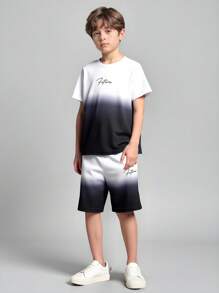 Young Boy Round Neck Regular Shoulder Short Sleeve Ombre T-Shirt And Shorts Set, Casual Summer Outfit - Black - View 1