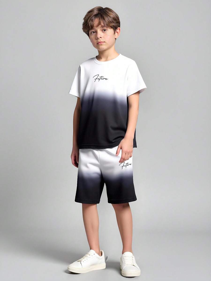 Young Boy Round Neck Regular Shoulder Short Sleeve Ombre T-Shirt And Shorts Set, Casual Summer Outfit - Black - View 1